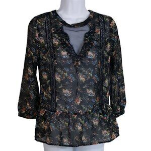 Pins & Needles Sheer Floral Print Top Black Small Peplum Blouse Lace Details